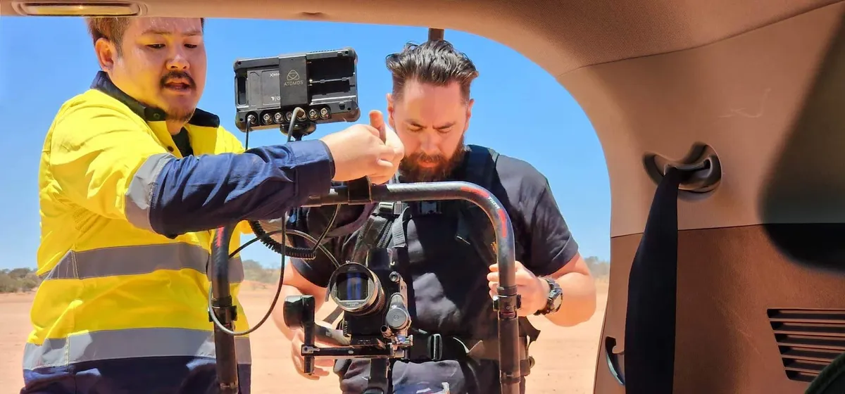 ZIBOT crew rigging a gimbal camera on location in the Australian outback
